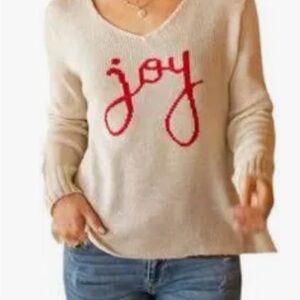 Wooden Ships Cream V-Neck Sweater with Red Script
